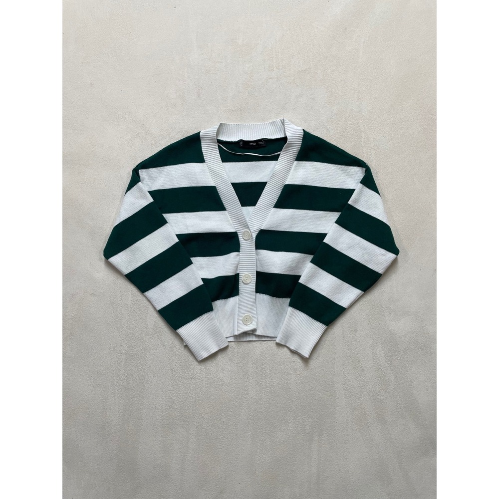 Mango MNG Womens XS Green White Striped V-Neck Button Front Cardigan Sweater